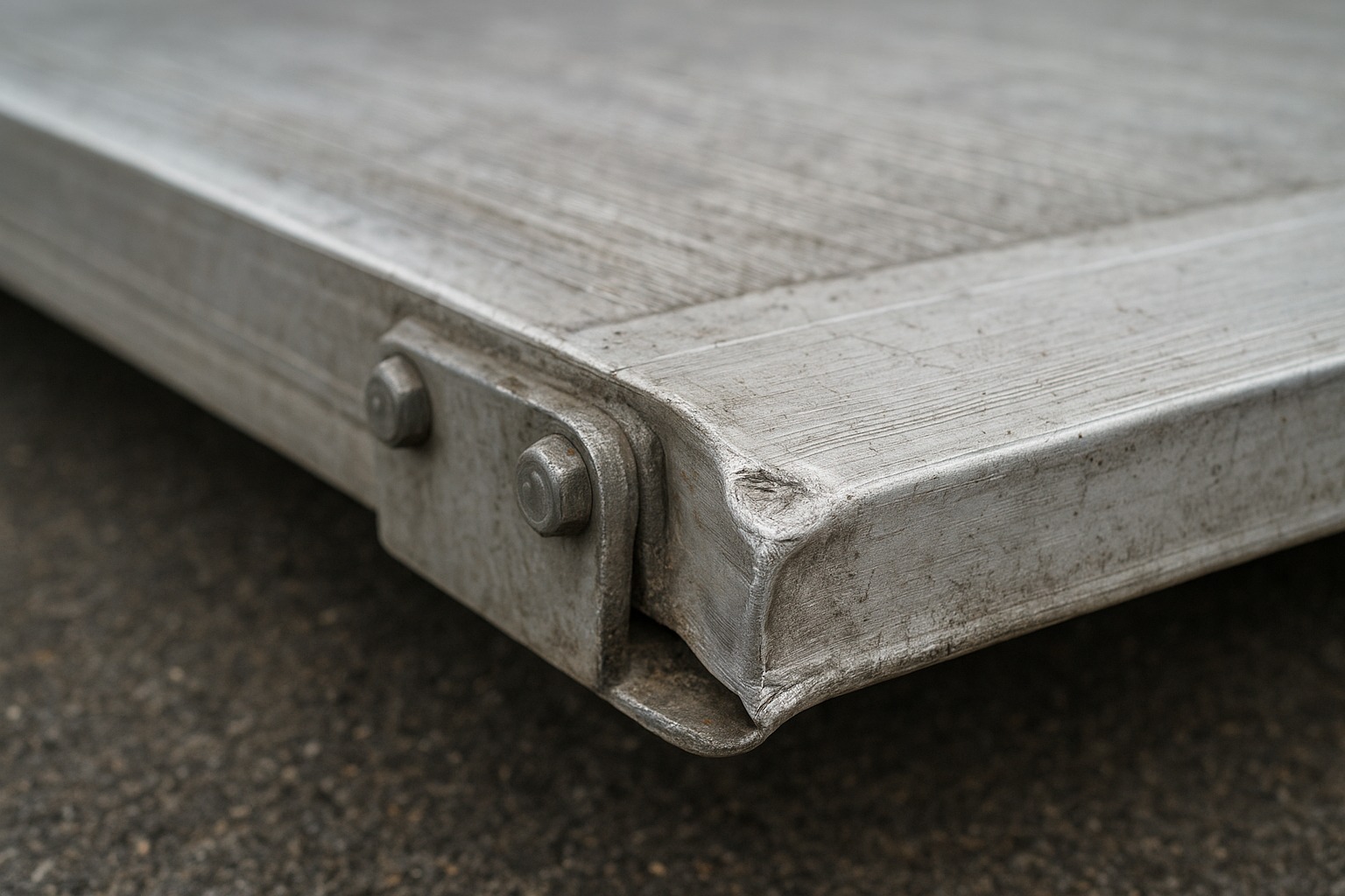 Close-up of a trailer ramp contact edge with a possible bend
