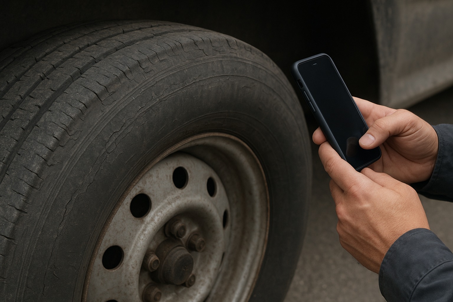 Close-up of a trailer tire with visible tread wear